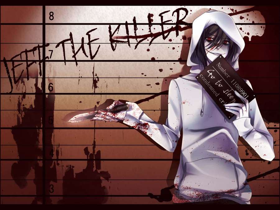 Anime character in white hoodie holding bloody knife and 'Go to Sleep' card against police lineup background. — Jeff The Killer Wallpaper