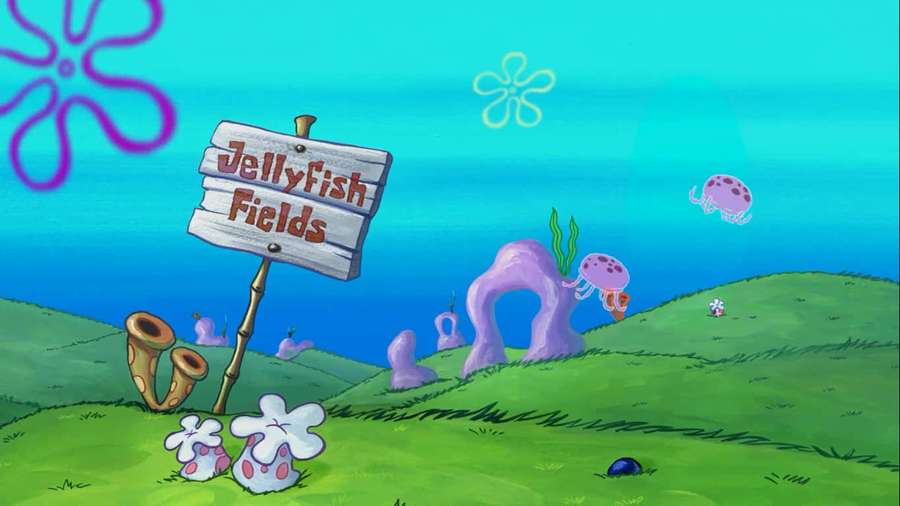 Undervattenstecknad scen med en skylt som läser Jellyfish Fields och maneter som simmar. — Jellyfish Fields Bakgrundsbilder