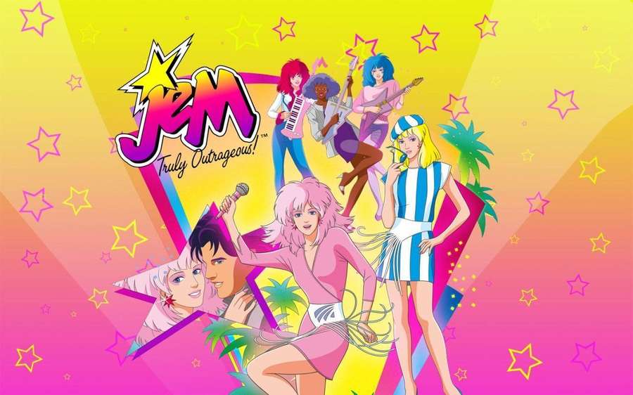 Anime band performing with guitars and microphone against a starry gradient background. — Jem Picture
