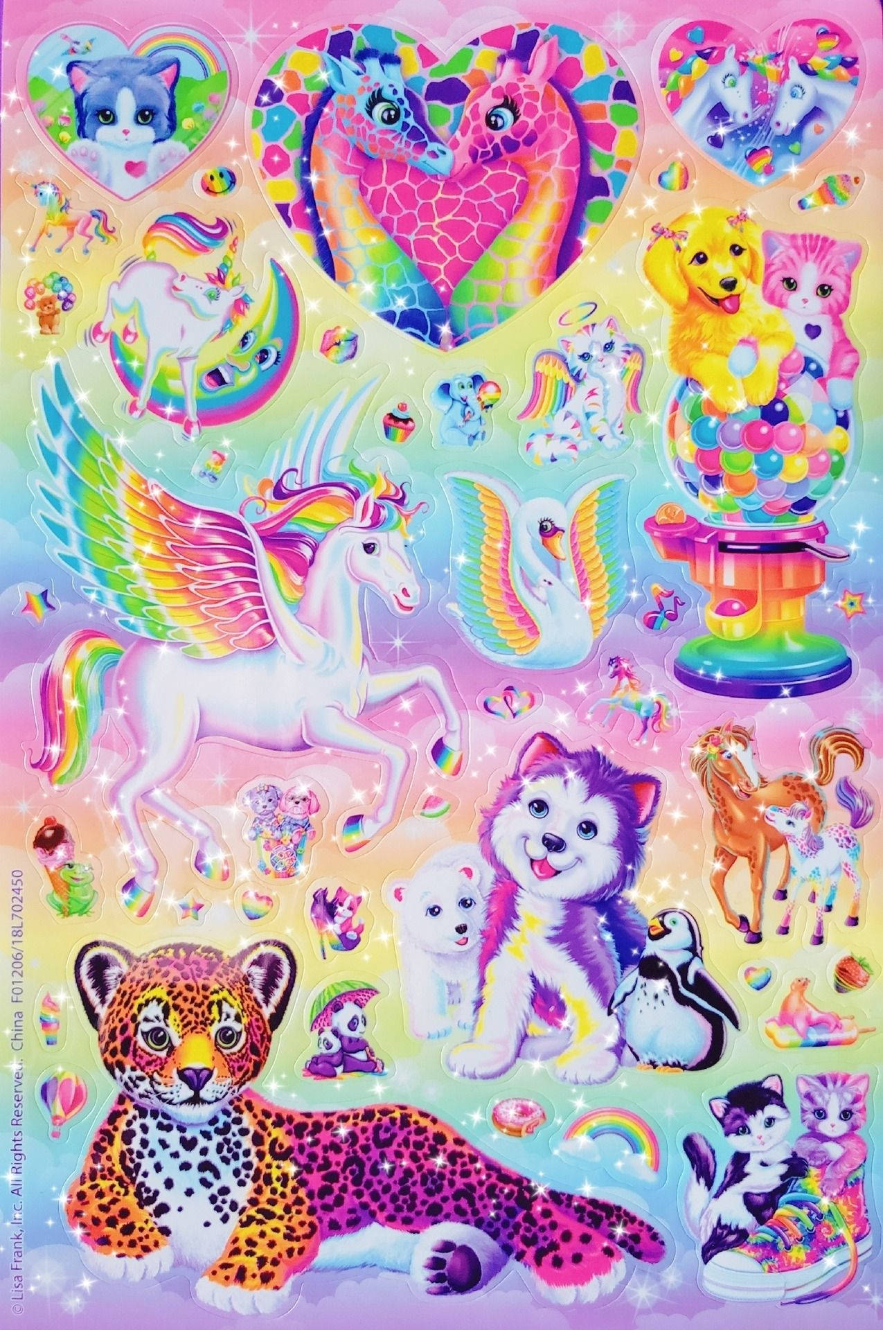 Lembaran stiker fantasi warna-warni dengan unicorn, kucing, dan hewan dalam nuansa pelangi. — Jerapah Wallpaper