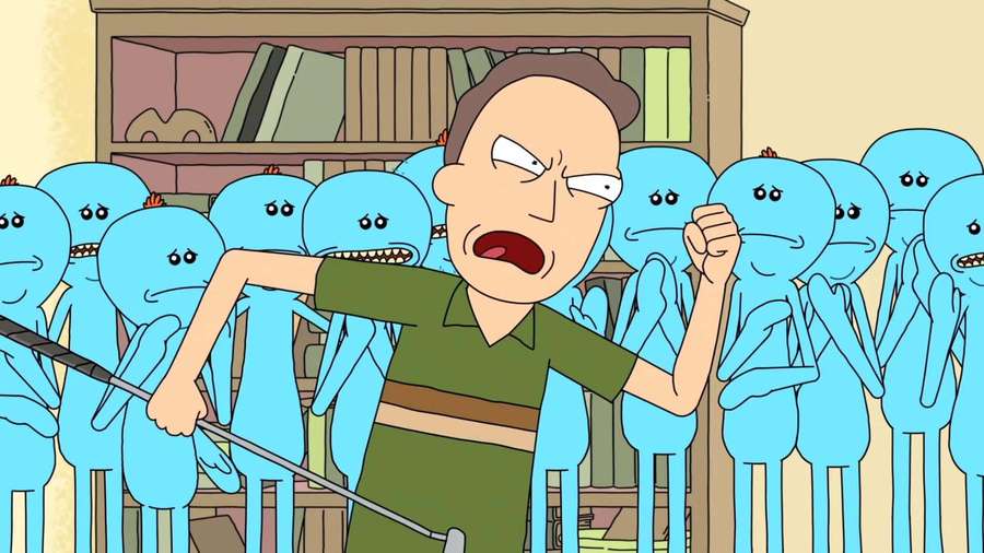 Angry man holding golf club surrounded by blue cartoon creatures in a room with bookshelves. — Jerry Smith Wallpaper