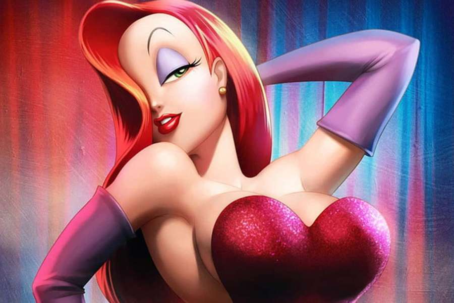 Animated woman in heart-shaped top posing against colorful curtain — Jessica rabbit Wallpaper
