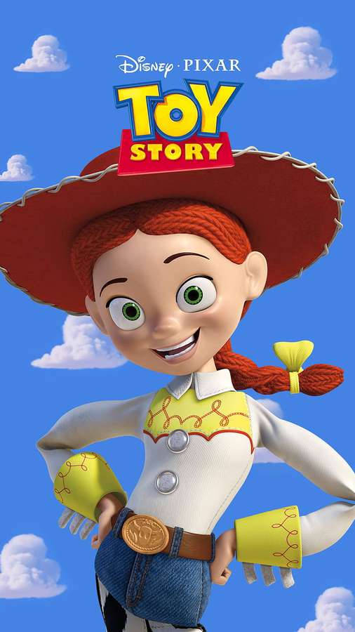 Jessie, das Cowgirl-Spielzeug aus Toy Story, lächelt mit den Händen auf den Hüften vor einem blauen Himmel. — Jessie Bilder