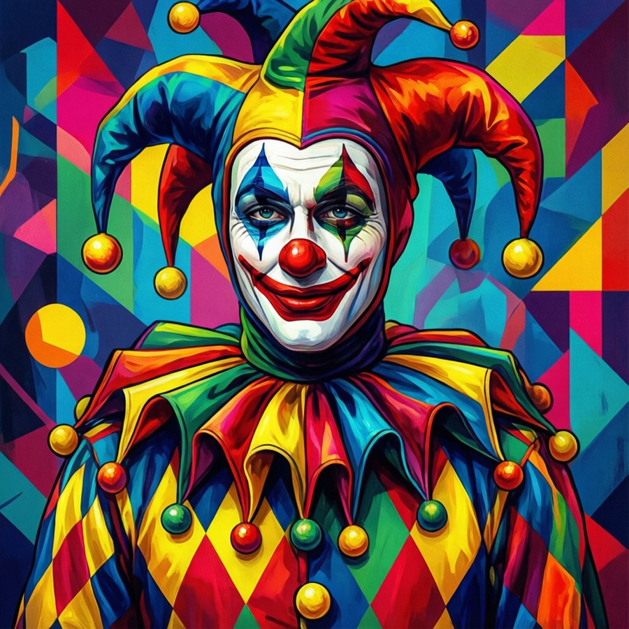 A pop art jester with harlequin pattern and geometric background. — Jester Wallpaper