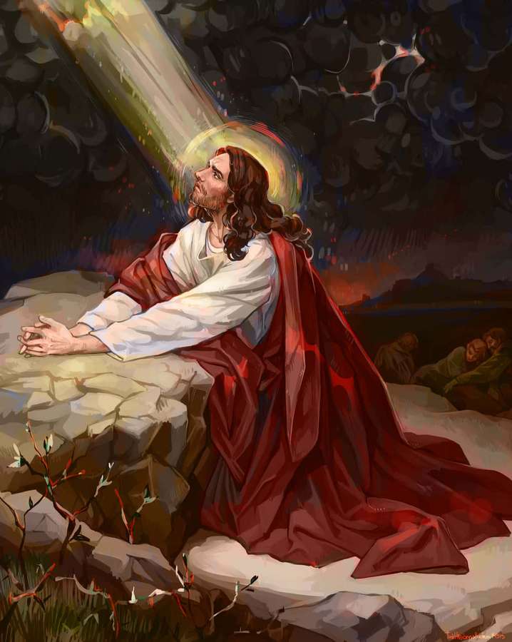Jesús se arrodilla en oración en una colina rocosa bajo un rayo de luz divina. — Jesús orando Fondos de pantalla