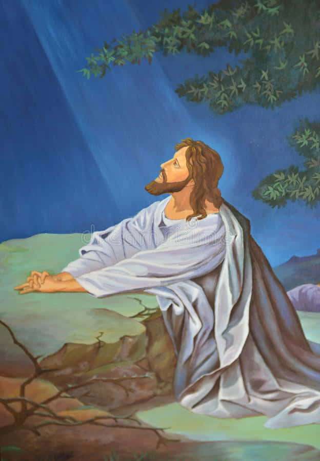 Jesus kneels in prayer under a tree with divine light shining down. — Jesus Praying Wallpaper