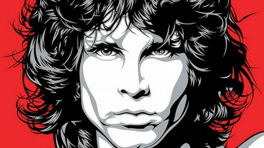Nærbildeillustrasjon av en mann med krøllete hår mot en rød bakgrunn. — Jim Morrison Bakgrunner