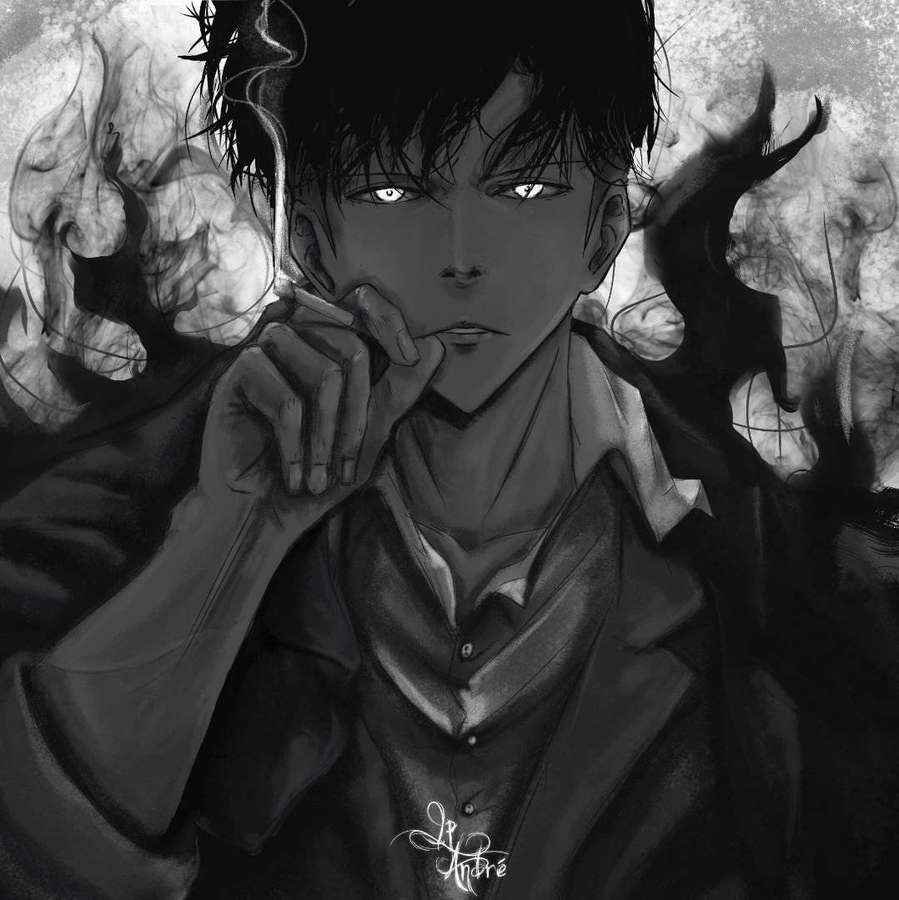 Anime-Mann raucht Zigarette mit wirbelndem Rauch und glühenden Augen in Monochrom. — Jin Wallpaper