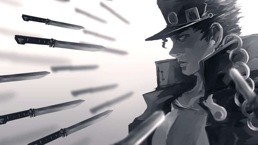 Anime character in hat wielding chain with flying blades in grayscale action scene. — Jjba Background