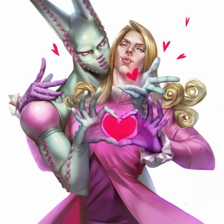 Blonde woman in pink dress holding a heart with green rabbit-like creature behind her. — Jjba Wallpaper