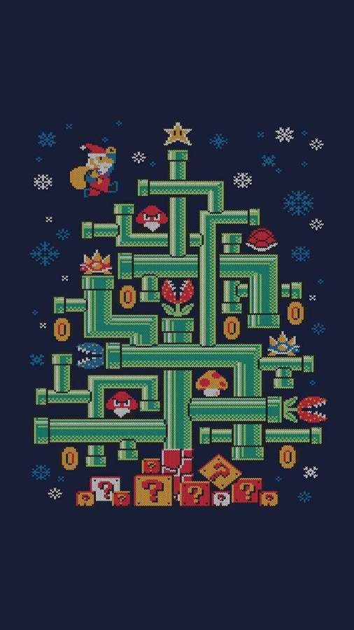 Árvore de Natal em pixel art feita de canos verdes com itens do jogo Mario e flocos de neve. — Jogo Pixel Papéis de Parede