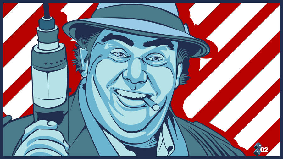 Cartoon man in fedora holding drill and smoking cigar against red white stripes. — John Candy Background