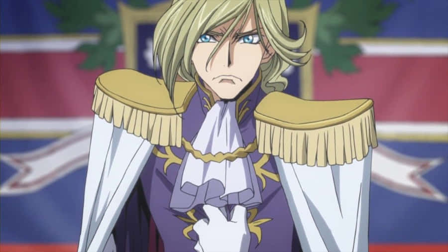 Anime character in purple military uniform with gold epaulets and stern expression. — John cleese Wallpaper