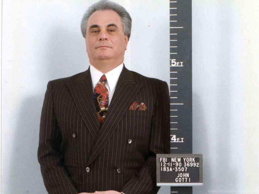 FBI mugshot of John Gotti in a pinstripe suit with a colorful tie. — John Gotti Wallpaper
