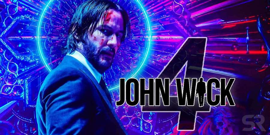 John Wick verellä kasvoillaan neonvalaistussa kyberpunk-kohtauksessa elokuvan otsikon kanssa. — John Wick 4 Taustakuvat
