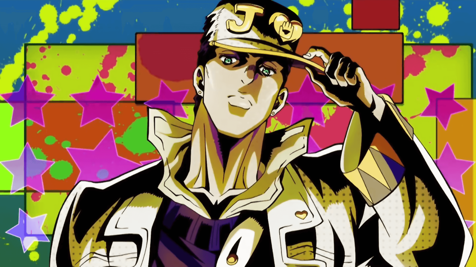 Personagem de anime em boné e jaqueta dourados contra fundo estrelado colorido — Jojo Papéis de Parede