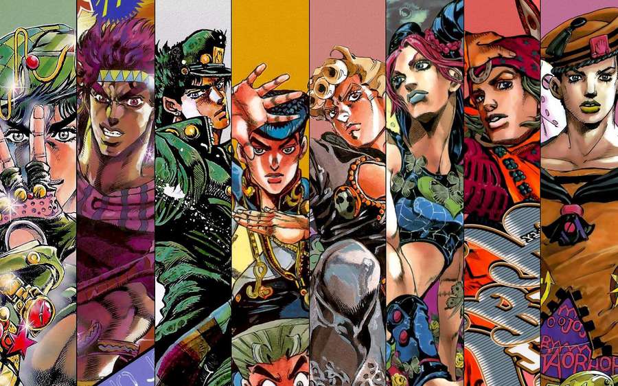 Vertical strip of JoJo's Bizarre Adventure anime characters in bold comic style. — Jojo Background