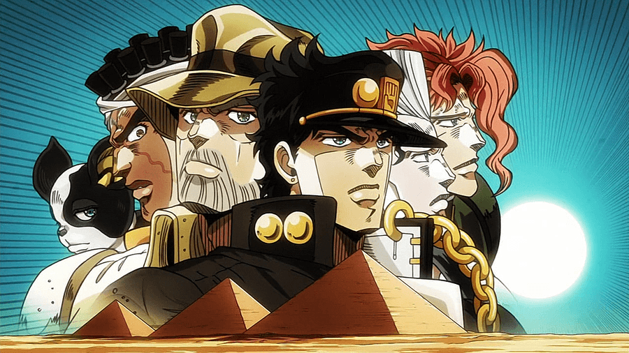 Anime characters and a dog posed dramatically against a sunburst background. — Jojo Bizarre Adventure Background
