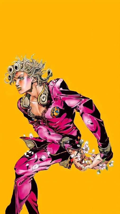 Anime-karakter i pink outfit sidder på hug med blomster mod gul baggrund — Jojo iPhone Wallpapers
