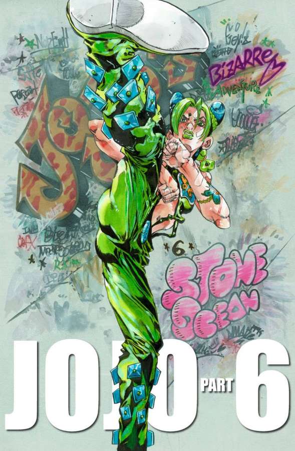 Anime character in green outfit holding another figure against graffiti wall. — Jojo Phone Wallpaper
