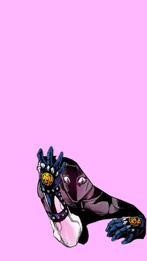 Anime-Charakterhand mit Totenkopfringen und weißem Pelzmanschette auf rosa Hintergrund. — Jojo Telefon Wallpaper
