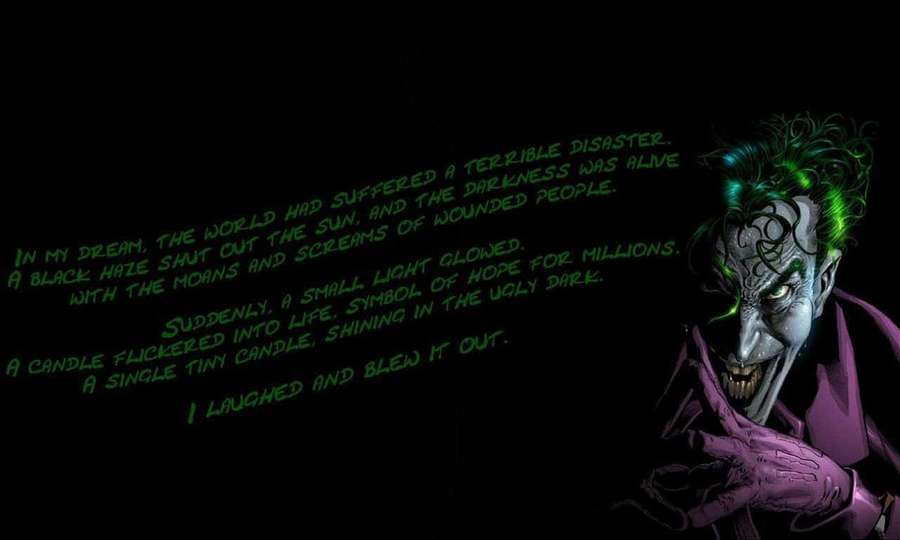 The Joker laughs while green text describes a dark dream and a candle of hope. — Joker Quotes Wallpaper