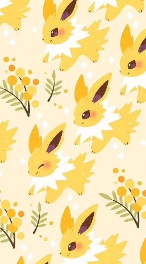 Sich wiederholende süße gelbe Eevee-Pokémon mit weißen Halsbändern und Blumen auf cremefarbenem Hintergrund. — Jolteon Bilder