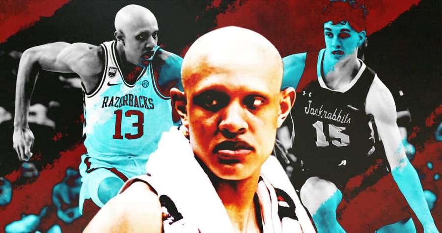 Drei Basketballspieler in Bewegung mit lebhaften roten und blauen Tönen. — Jordan Walsh Wallpaper