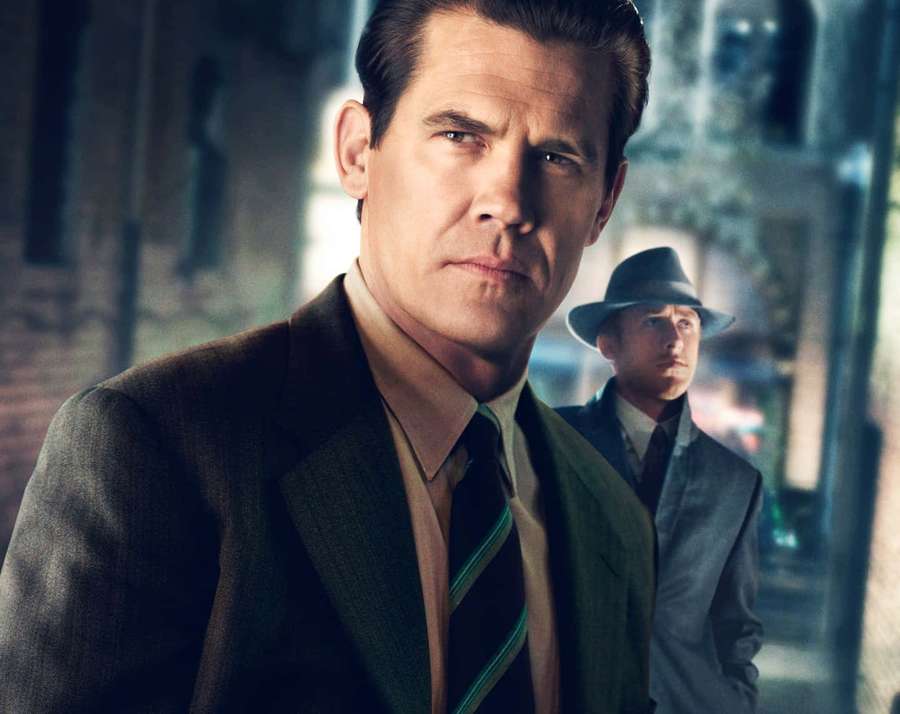 Two men in suits and hats standing in a dark alley with serious expressions. — Josh Brolin Wallpaper
