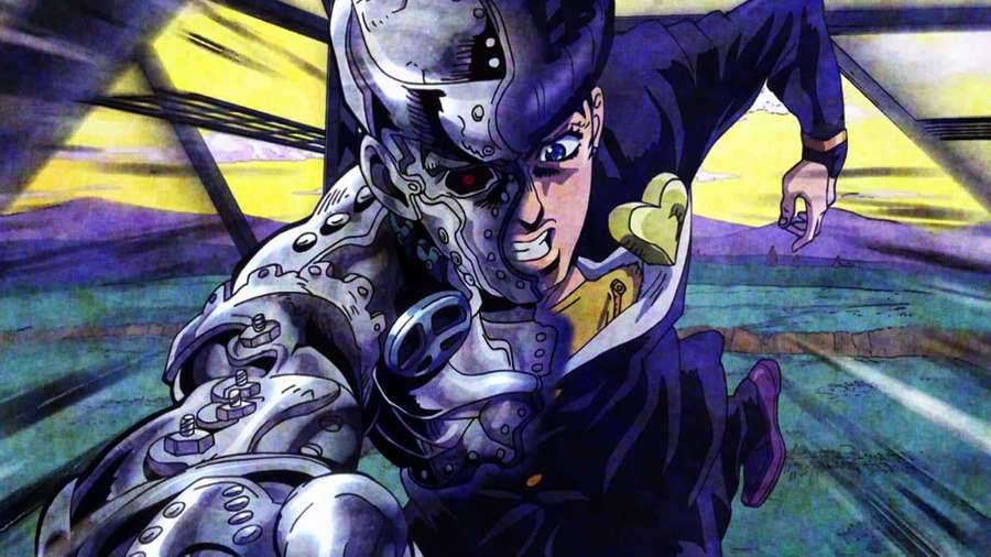 Personaje de anime con rostro mecánico y traje púrpura en movimiento. — Josuke Higashikata Fondos de pantalla