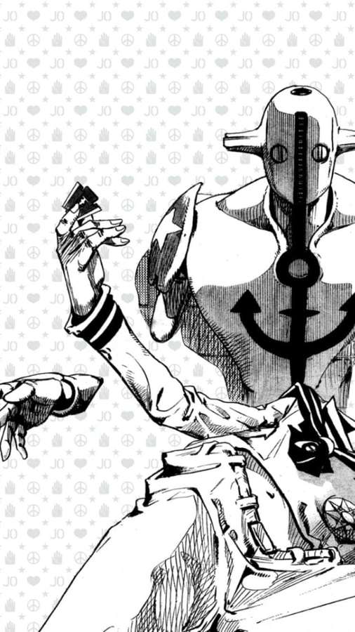 Anime-Figur mit Helm und Ankersymbol, die Karten auf gemustertem Hintergrund hält. — Josuke Hintergrundbild