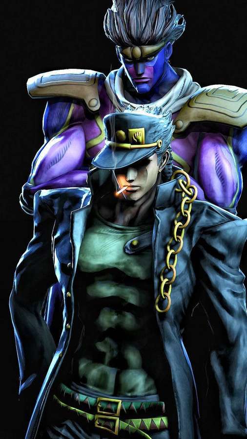 Dois personagens de anime, um roxo blindado atrás de outro fumando em sobretudo — Jotaro Papéis de Parede