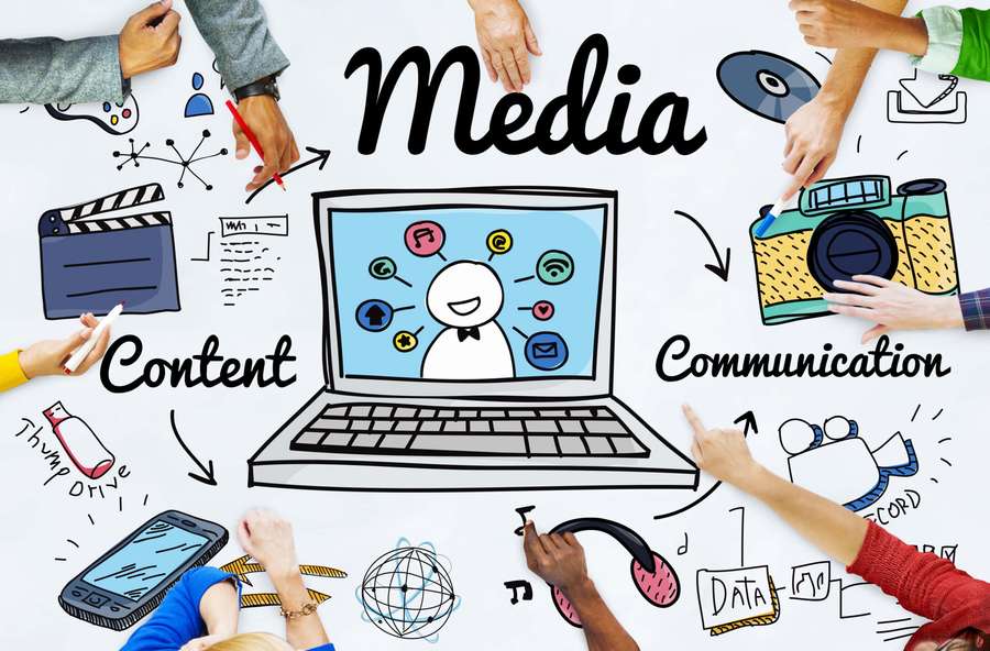 Hands drawing media content communication and data around a laptop illustration. — Journalism Wallpaper