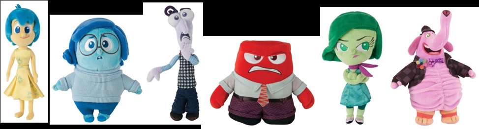 Six plush toys representing Inside Out emotions characters. — Joy Inside Out Background