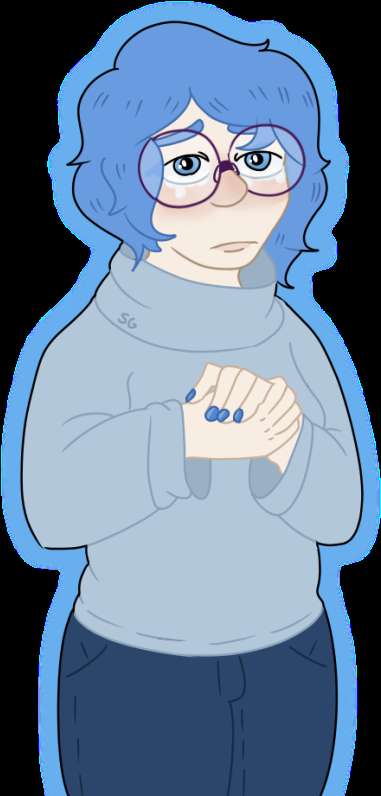 Blue-haired anime girl with glasses clasping hands nervously. — Joy PNG