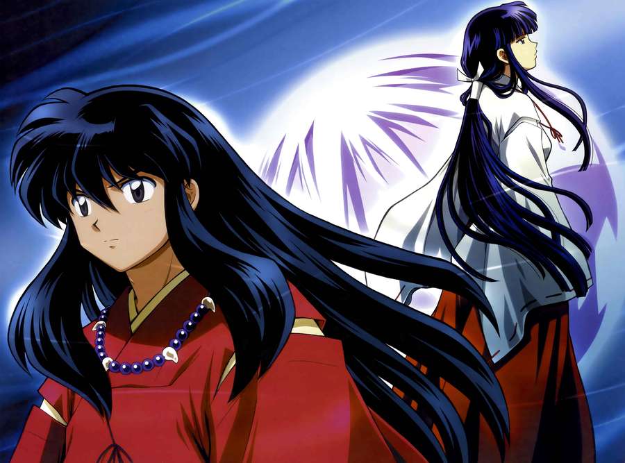 Dos chicas anime con cabello largo oscuro en atuendos rojos y blancos contra un fondo cósmico brillante. — Joya Shikon Fondos de pantalla