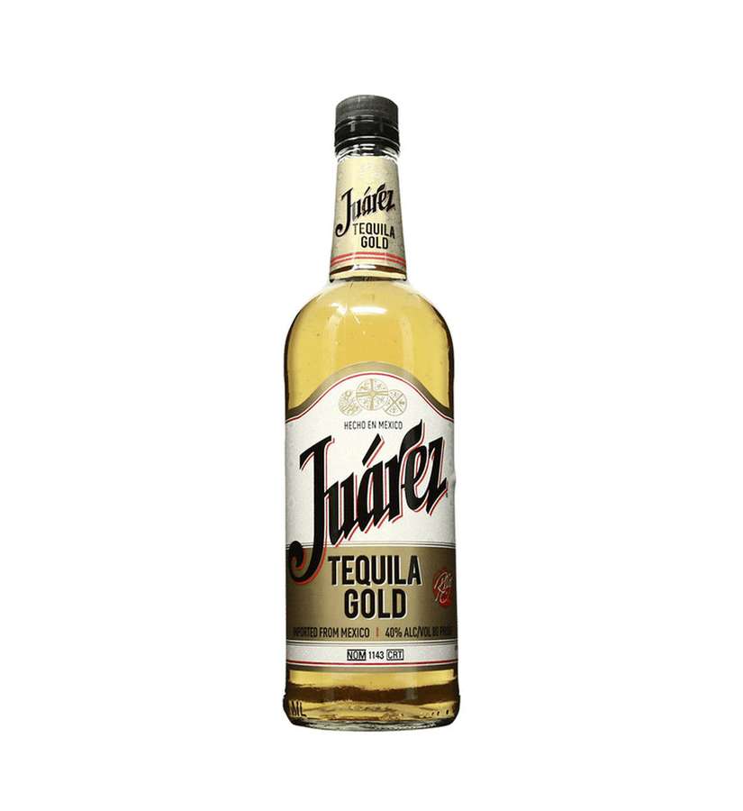 A bottle of Juárez Tequila Gold with golden liquid and bold label on white background. — Juarez Wallpaper
