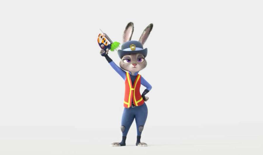 Cartoon rabbit police officer holding a toy gun in blue uniform and red vest. — Judy Hopps Wallpaper