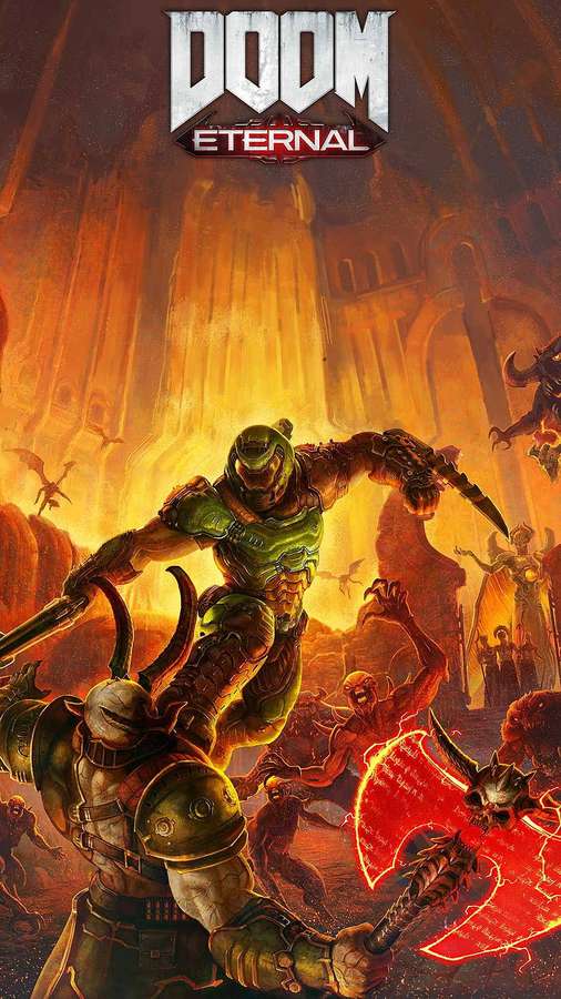 Un soldado con armadura verde lucha contra demonios en una catedral en llamas con armas brillantes. — Juego Doom Fondos de pantalla
