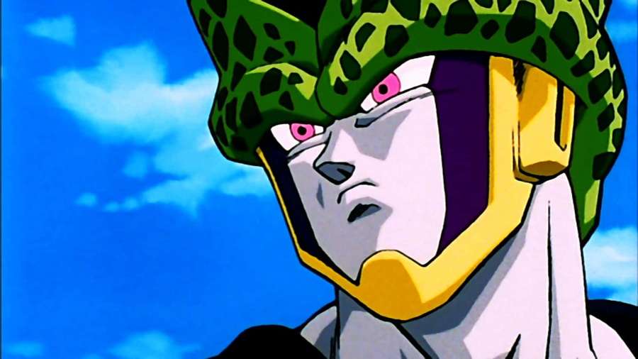 Personaje de anime Cell con cabeza verde manchada y ojos rosados contra cielo azul. — Juegos de Células Fondos de pantalla