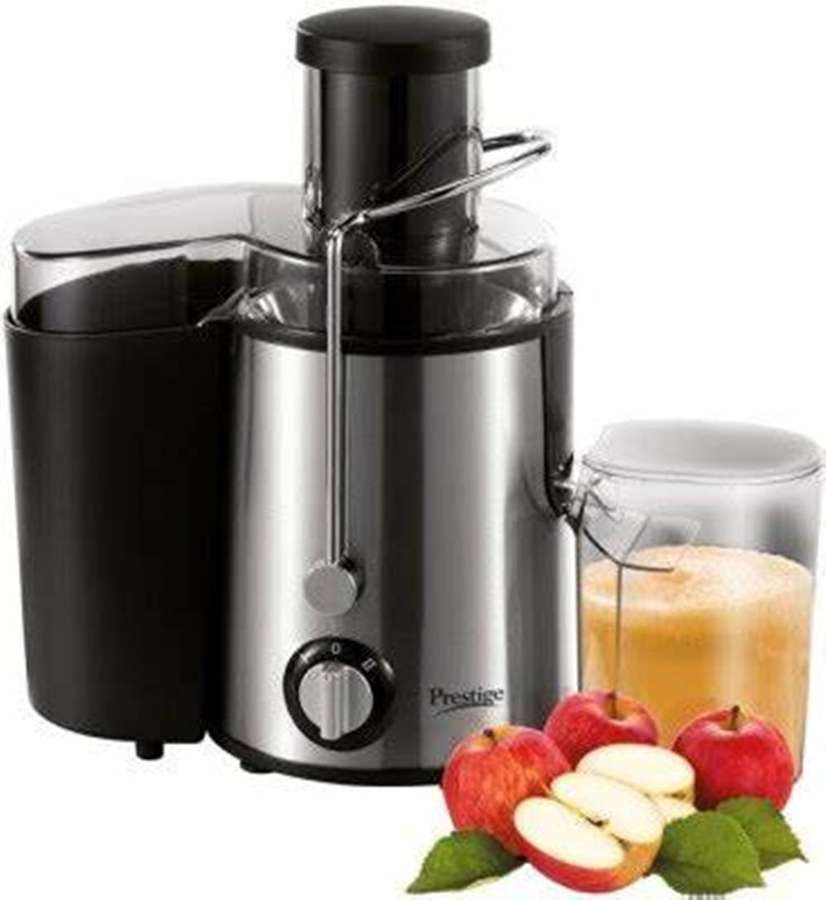 A stainless steel and black juicer with apples and juice. — Juicer Wallpaper