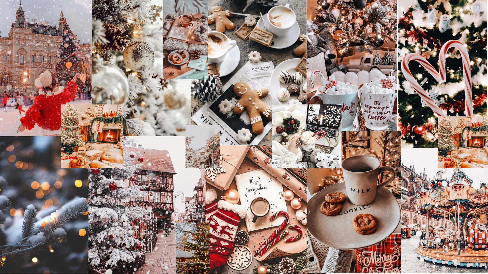 Festlig julecollage med snø, kaker, kakao og dekorasjoner — Julepynt Bakgrunner