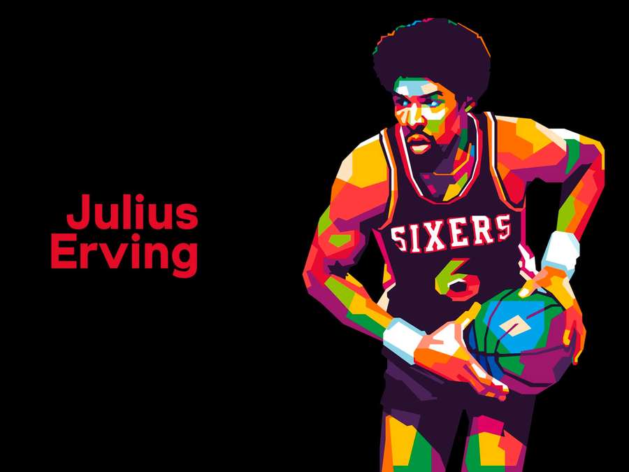 Julius Erving in Sixers jersey holding basketball in colorful geometric style. — Julius Erving Background