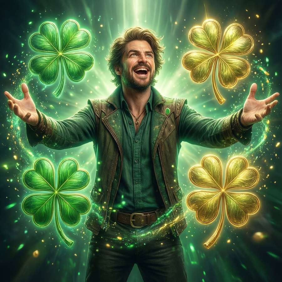 Triumphant Julius Novachrono surrounded by glowing four-leaf clovers, embodying the kingdom's spirit. — Julius Novachrono Wallpaper