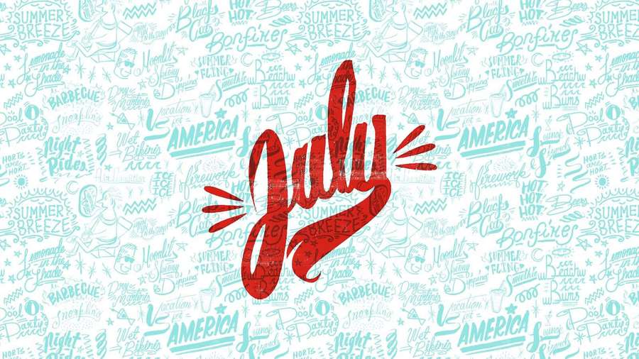 July in bold red script over a blue summer-themed doodle background. — July Background