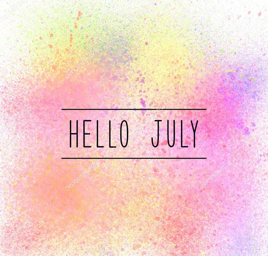 Hello July text centered on a colorful watercolor background. — July Wallpaper