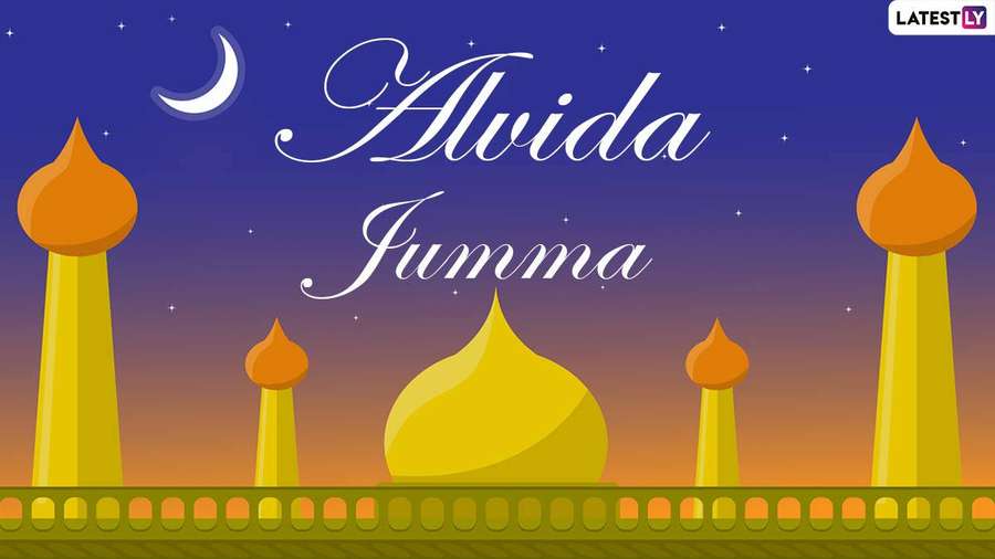 Golden mosque domes and minarets under a twilight sky with crescent moon and stars. — Jumma Mubarak Wallpaper
