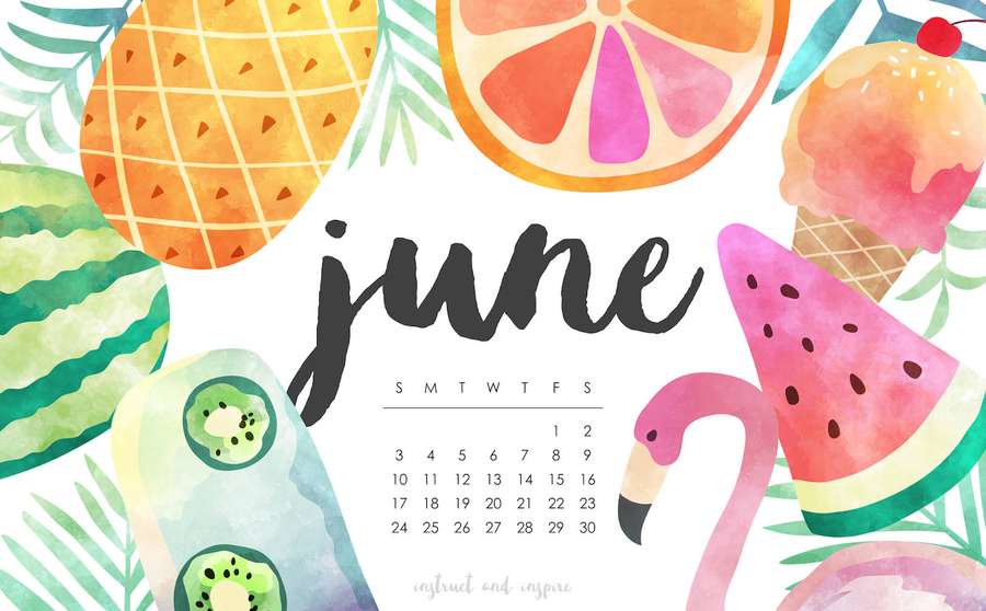Calendario de junio con frutas tropicales, helado y flamenco en estilo acuarela. — Junio Fondos de pantalla