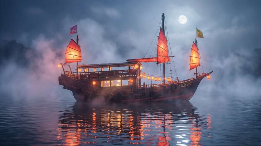Ethereal night scene with glowing lanterns on a junk boat reflected in moonlit water with mist rising. — Hong Kong Junk Boat Wallpaper