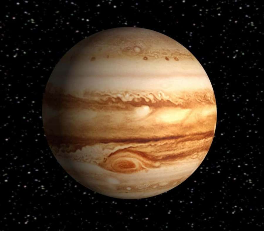 Jupiter mit wirbelnden Bändern und dem Großen Roten Fleck im sternenübersäten Weltraum. — Jupiter Bilder